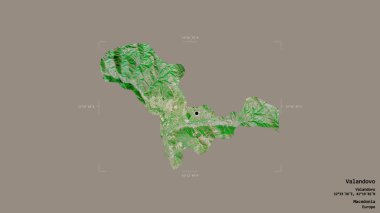Makedonya Belediyesi 'nin Valandovo bölgesi, jeoreferatlı bir sınır kutusunun sağlam bir arka planında izole edilmiş durumda. Etiketler. Uydu görüntüleri. 3B görüntüleme