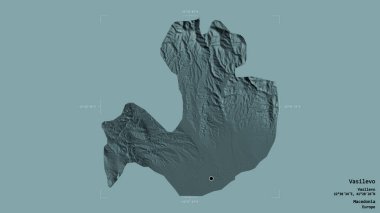 Makedonya Belediyesi Vasilevo bölgesi, jeoreferatlı bir sınır kutusunun sağlam bir arka planında izole edilmiş durumda. Etiketler. Renkli yükseklik haritası. 3B görüntüleme