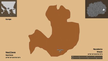 Makedonya Belediyesi Vasilevo ve başkenti. Uzaklık ölçeği, ön gösterimler ve etiketler. Düzenli desenli dokuların bileşimi. 3B görüntüleme