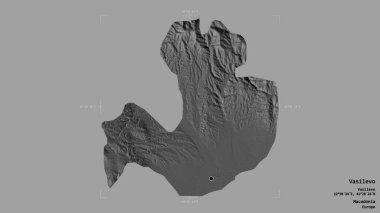 Makedonya Belediyesi Vasilevo bölgesi, jeoreferatlı bir sınır kutusunun sağlam bir arka planında izole edilmiş durumda. Etiketler. Çift seviyeli yükseklik haritası. 3B görüntüleme