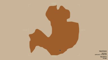 Makedonya Belediyesi Vasilevo bölgesi, jeoreferatlı bir sınır kutusunun sağlam bir arka planında izole edilmiş durumda. Etiketler. Desenli dokuların bileşimi. 3B görüntüleme