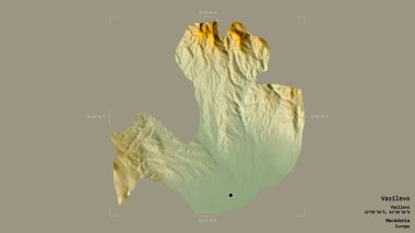 Makedonya Belediyesi Vasilevo bölgesi, jeoreferatlı bir sınır kutusunun sağlam bir arka planında izole edilmiş durumda. Etiketler. Topografik yardım haritası. 3B görüntüleme