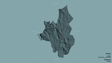 Makedonya 'nın Veles belediyesi, jeoreferatlı bir sınır kutusunun sağlam bir arka planında izole edilmiş durumda. Etiketler. Renkli yükseklik haritası. 3B görüntüleme