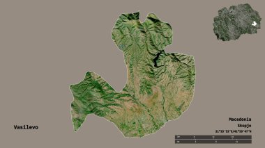Makedonya 'nın Vasilevo belediyesi, başkenti sağlam bir zemin üzerinde izole edilmiş durumda. Uzaklık ölçeği, bölge önizlemesi ve etiketleri. Uydu görüntüleri. 3B görüntüleme