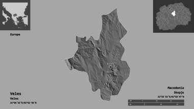 Veles Şekli, Makedonya Belediyesi ve başkenti. Uzaklık ölçeği, ön gösterimler ve etiketler. Çift seviyeli yükseklik haritası. 3B görüntüleme