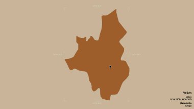 Makedonya 'nın Veles belediyesi, jeoreferatlı bir sınır kutusunun sağlam bir arka planında izole edilmiş durumda. Etiketler. Desenli dokuların bileşimi. 3B görüntüleme