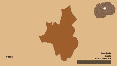 Makedonya 'nın başkenti sağlam bir zemin üzerinde izole edilmiş Veles belediyesi. Uzaklık ölçeği, bölge önizlemesi ve etiketleri. Düzenli desenli dokuların bileşimi. 3B görüntüleme