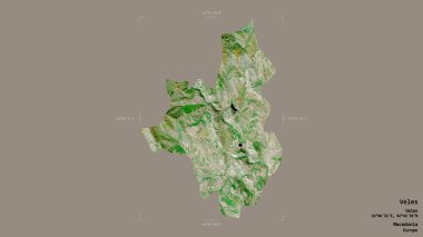 Makedonya 'nın Veles belediyesi, jeoreferatlı bir sınır kutusunun sağlam bir arka planında izole edilmiş durumda. Etiketler. Uydu görüntüleri. 3B görüntüleme