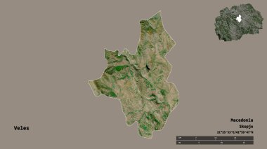 Makedonya 'nın başkenti sağlam bir zemin üzerinde izole edilmiş Veles belediyesi. Uzaklık ölçeği, bölge önizlemesi ve etiketleri. Uydu görüntüleri. 3B görüntüleme