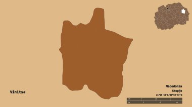 Makedonya 'nın Vinitsa belediyesi, başkenti sağlam bir zemin üzerinde izole edilmiş durumda. Uzaklık ölçeği, bölge önizlemesi ve etiketleri. Düzenli desenli dokuların bileşimi. 3B görüntüleme