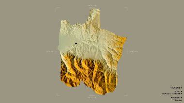 Makedonya Belediyesi Vinitsa bölgesi, jeoreferatlı bir sınır kutusunda sağlam bir zemin üzerinde izole edilmiş durumda. Etiketler. Topografik yardım haritası. 3B görüntüleme