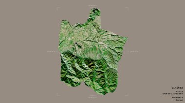 Makedonya Belediyesi Vinitsa bölgesi, jeoreferatlı bir sınır kutusunda sağlam bir zemin üzerinde izole edilmiş durumda. Etiketler. Uydu görüntüleri. 3B görüntüleme