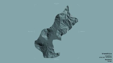 Makedonya Belediyesi Vranestica bölgesi, jeoreferatlı bir sınır kutusunda sağlam bir zemin üzerinde izole edilmiş durumda. Etiketler. Renkli yükseklik haritası. 3B görüntüleme