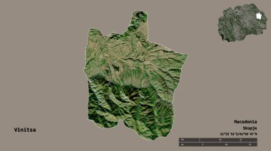 Makedonya 'nın Vinitsa belediyesi, başkenti sağlam bir zemin üzerinde izole edilmiş durumda. Uzaklık ölçeği, bölge önizlemesi ve etiketleri. Uydu görüntüleri. 3B görüntüleme
