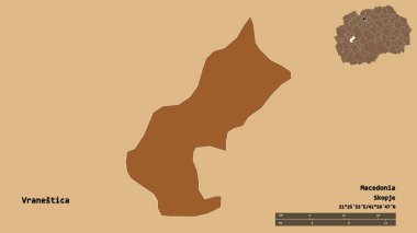 Makedonya belediyesi Vranestica 'nın başkenti sağlam bir zemin üzerinde izole edilmiş durumda. Uzaklık ölçeği, bölge önizlemesi ve etiketleri. Düzenli desenli dokuların bileşimi. 3B görüntüleme