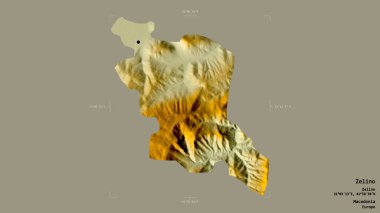 Makedonya 'nın Zelino belediyesi, jeoreferatlı bir sınır kutusunun sağlam bir arka planında izole edilmiş durumda. Etiketler. Topografik yardım haritası. 3B görüntüleme