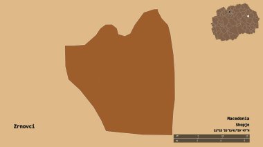 Makedonya 'nın Zrnovci belediyesi, başkenti sağlam bir zemin üzerinde izole edilmiş durumda. Uzaklık ölçeği, bölge önizlemesi ve etiketleri. Düzenli desenli dokuların bileşimi. 3B görüntüleme