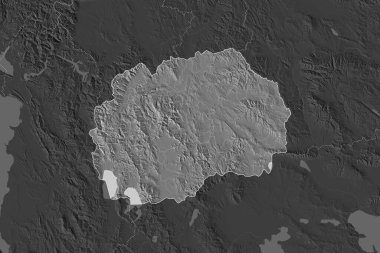 Makedonya 'nın şekli, komşu bölgelerin doygunluğunun azalmasıyla ayrıldı. Sınırlar. Çift seviyeli yükseklik haritası. 3B görüntüleme