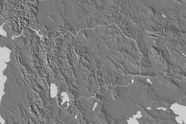 Makedonya 'nın ülke sınırları, uluslararası ve bölgesel sınırları olan geniş bir bölgesi. Çift seviyeli yükseklik haritası. 3B görüntüleme