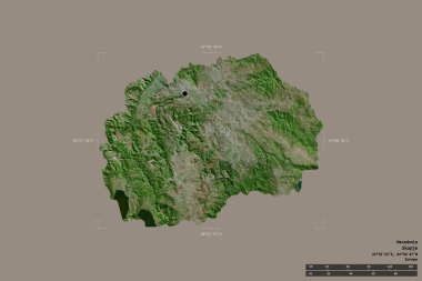 Makedonya 'nın bu bölgesi, jeoreferatlı bir sınır kutusunun sağlam bir arka planında izole edildi. Ana bölgesel bölüm, mesafe ölçeği, etiketler. Uydu görüntüleri. 3B görüntüleme
