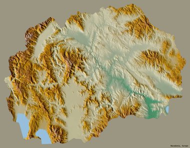 Makedonya 'nın sermayesi katı renk zeminine izole edilmiş şekli. Topografik yardım haritası. 3B görüntüleme