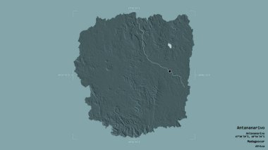 Antananarivo bölgesi, Madagaskar özerk vilayeti, jeoreferatlı bir sınır kutusunda katı bir arka planda izole edilmiştir. Etiketler. Renkli yükseklik haritası. 3B görüntüleme