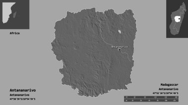 Antananarivo 'nun şekli, Madagaskar özerk ili ve başkenti. Uzaklık ölçeği, ön gösterimler ve etiketler. Çift seviyeli yükseklik haritası. 3B görüntüleme