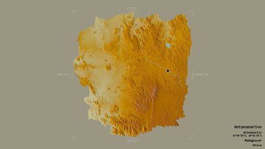 Antananarivo bölgesi, Madagaskar özerk vilayeti, jeoreferatlı bir sınır kutusunda katı bir arka planda izole edilmiştir. Etiketler. Topografik yardım haritası. 3B görüntüleme
