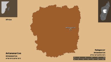 Antananarivo 'nun şekli, Madagaskar özerk ili ve başkenti. Uzaklık ölçeği, ön gösterimler ve etiketler. Düzenli desenli dokuların bileşimi. 3B görüntüleme