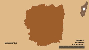 Madagaskar 'ın özerk ili Antananarivo' nun şekli, başkenti sağlam bir zemin üzerinde izole edilmiş. Uzaklık ölçeği, bölge önizlemesi ve etiketleri. Düzenli desenli dokuların bileşimi. 3B görüntüleme