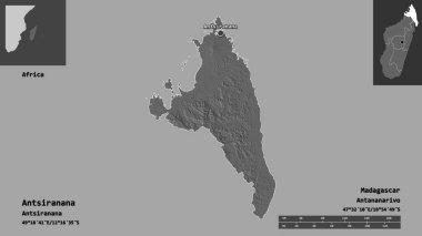 Antsiranana 'nın şekli, Madagaskar özerk ili ve başkenti. Uzaklık ölçeği, ön gösterimler ve etiketler. Çift seviyeli yükseklik haritası. 3B görüntüleme
