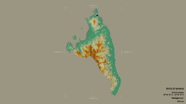Antsiranana bölgesi, Madagaskar özerk bölgesi, jeoreferatlı bir sınır kutusunda katı bir arka planda izole edilmiştir. Etiketler. Topografik yardım haritası. 3B görüntüleme