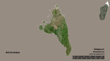 Madagaskar 'ın özerk ili Antsiranana' nın şekli, başkenti sağlam bir zemin üzerinde izole edilmiş. Uzaklık ölçeği, bölge önizlemesi ve etiketleri. Uydu görüntüleri. 3B görüntüleme