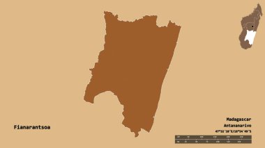 Madagaskar 'ın özerk eyaleti Fianarantsoa' nın şekli, başkenti sağlam bir zemin üzerinde izole edilmiştir. Uzaklık ölçeği, bölge önizlemesi ve etiketleri. Düzenli desenli dokuların bileşimi. 3B görüntüleme