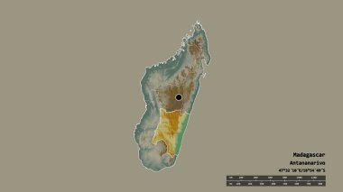 Başkenti, ana bölgesel bölümü ve ayrılmış Fianarantsoa bölgesi ile Madagaskar 'ın dejenere edilmiş şekli. Etiketler. Topografik yardım haritası. 3B görüntüleme