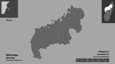 Madagaskar 'ın özerk ili Mahajanga ve başkenti. Uzaklık ölçeği, ön gösterimler ve etiketler. Çift seviyeli yükseklik haritası. 3B görüntüleme