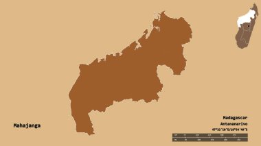 Madagaskar 'ın özerk ili Mahajanga' nın şekli, başkenti sağlam bir zemin üzerinde izole edilmiştir. Uzaklık ölçeği, bölge önizlemesi ve etiketleri. Düzenli desenli dokuların bileşimi. 3B görüntüleme