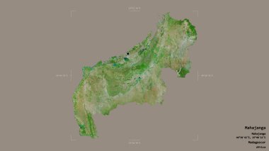 Madagaskar 'ın otonom bölgesi Mahajanga' da katı bir arka planda izole edilmiş bir sınır kutusundadır. Etiketler. Uydu görüntüleri. 3B görüntüleme