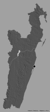 Madagaskar 'ın özerk eyaleti Toamasina' nın şekli, başkenti katı bir renk arkaplanı ile izole edilmiştir. Çift seviyeli yükseklik haritası. 3B görüntüleme