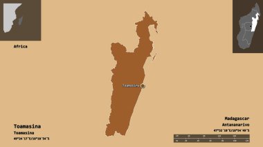 Toamasina 'nın şekli, Madagaskar özerk vilayeti ve başkenti. Uzaklık ölçeği, ön gösterimler ve etiketler. Düzenli desenli dokuların bileşimi. 3B görüntüleme