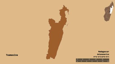 Madagaskar 'ın özerk eyaleti Toamasina' nın şekli, başkenti sağlam bir zemin üzerinde izole edilmiştir. Uzaklık ölçeği, bölge önizlemesi ve etiketleri. Düzenli desenli dokuların bileşimi. 3B görüntüleme