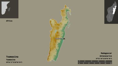 Toamasina 'nın şekli, Madagaskar özerk vilayeti ve başkenti. Uzaklık ölçeği, ön gösterimler ve etiketler. Topografik yardım haritası. 3B görüntüleme