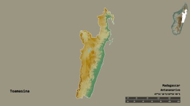 Madagaskar 'ın özerk eyaleti Toamasina' nın şekli, başkenti sağlam bir zemin üzerinde izole edilmiştir. Uzaklık ölçeği, bölge önizlemesi ve etiketleri. Topografik yardım haritası. 3B görüntüleme