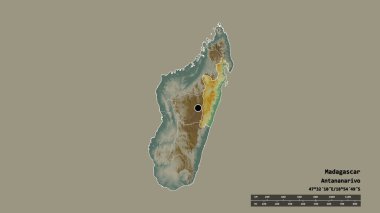 Başkenti, ana bölgesel bölümü ve ayrılmış Toamasina bölgesi ile Madagaskar 'ın dejenere edilmiş şekli. Etiketler. Topografik yardım haritası. 3B görüntüleme