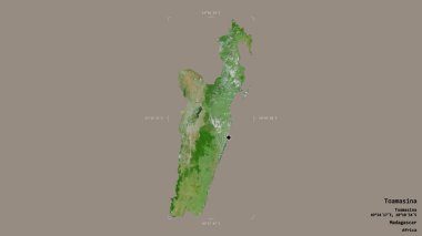 Madagaskar 'ın otonom bölgesi Toamasina' da katı bir arka planda jeoreferatlı bir sınır kutusunda izole edilmiştir. Etiketler. Uydu görüntüleri. 3B görüntüleme