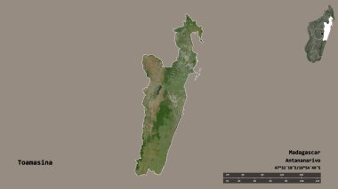 Madagaskar 'ın özerk eyaleti Toamasina' nın şekli, başkenti sağlam bir zemin üzerinde izole edilmiştir. Uzaklık ölçeği, bölge önizlemesi ve etiketleri. Uydu görüntüleri. 3B görüntüleme