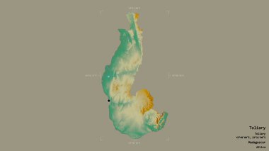 Toliary bölgesi, Madagaskar özerk vilayeti, jeoreferatlı bir sınır kutusunda katı bir zemin üzerinde izole edilmiştir. Etiketler. Topografik yardım haritası. 3B görüntüleme