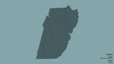 Balaka bölgesi, Malawi bölgesi, katı bir arka planda izole edilmiş bir sınır kutusunda. Etiketler. Renkli yükseklik haritası. 3B görüntüleme