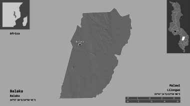 Balaka 'nın şekli, Malawi ilçesi ve başkenti. Uzaklık ölçeği, ön gösterimler ve etiketler. Çift seviyeli yükseklik haritası. 3B görüntüleme