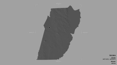 Balaka bölgesi, Malawi bölgesi, katı bir arka planda izole edilmiş bir sınır kutusunda. Etiketler. Çift seviyeli yükseklik haritası. 3B görüntüleme